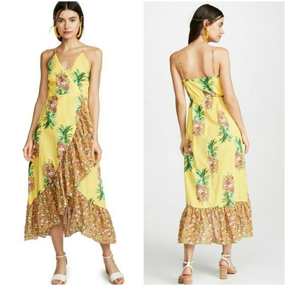 Farm Rio Golden Pineapple Wrap Midi Dress Yellow XS NEW NWT - Picture 1 of 8